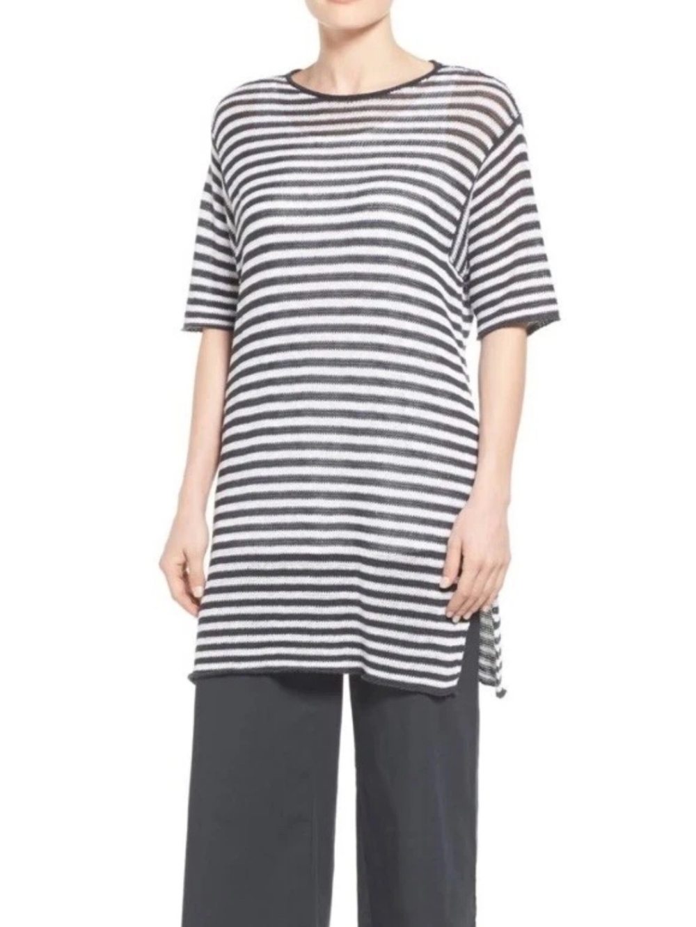 Eileen Fisher Organic Linen Striped Knit Tunic Short Sleeve Size 1x